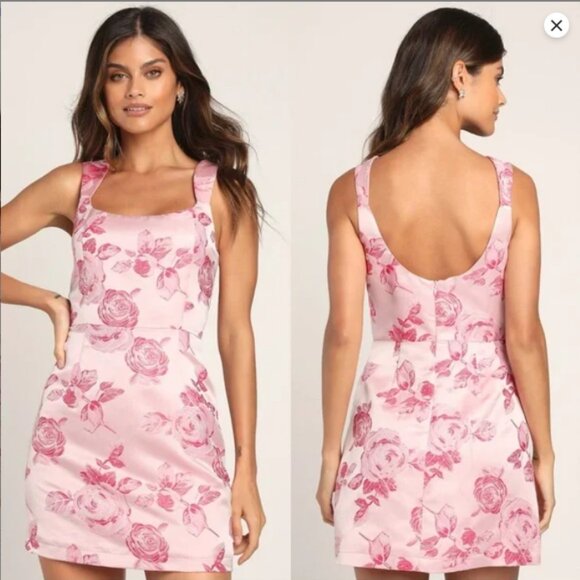 Lulus Brighter Side Pink Floral Satin Jacquard Mini Dress – Size Medium - Picture 2 of 14